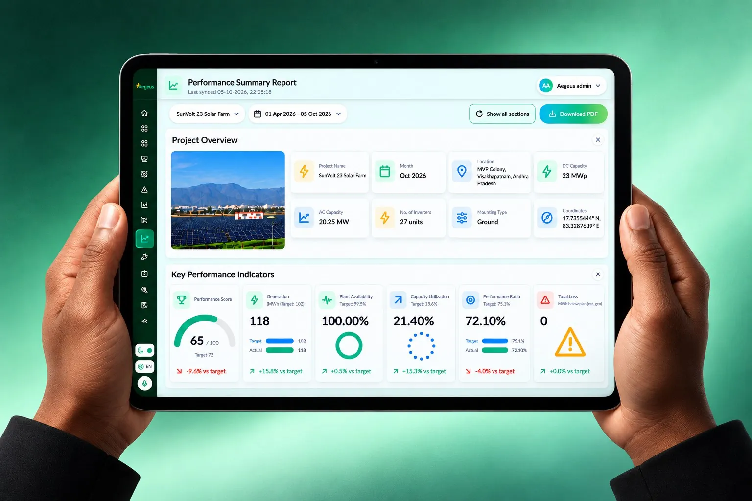 Aegeus Connect performance summary report shown on a tablet
