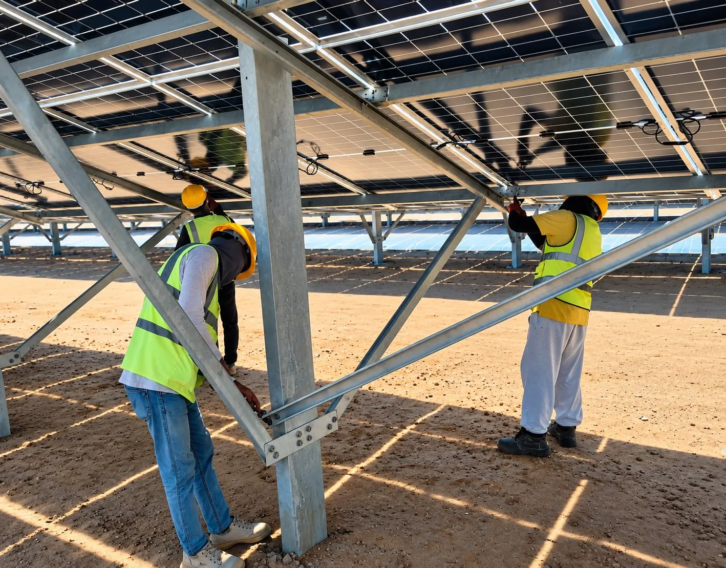 Aegeus technicians tightening mounting structure bolts under a solar table