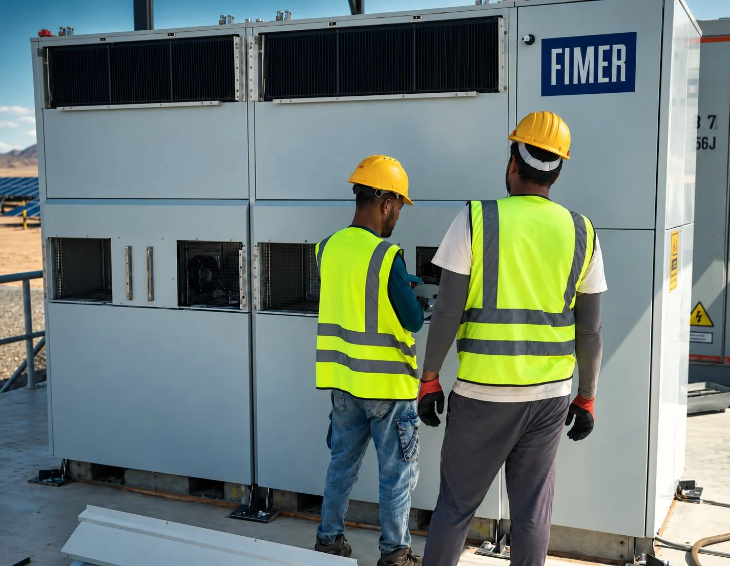 Two technicians servicing an inverter station