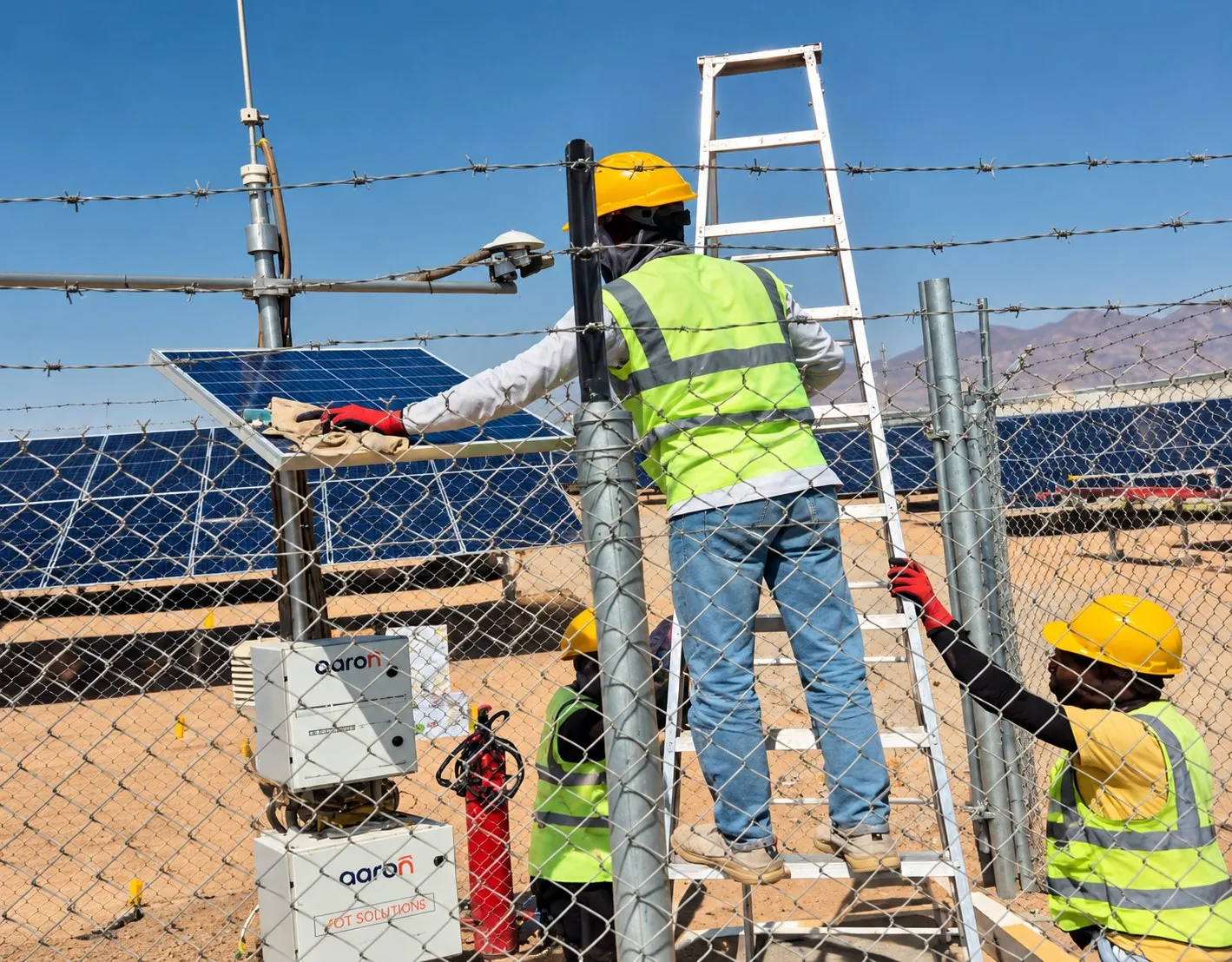 Technician cleaning a pyranometer sensor panel on a ladder at the weather station