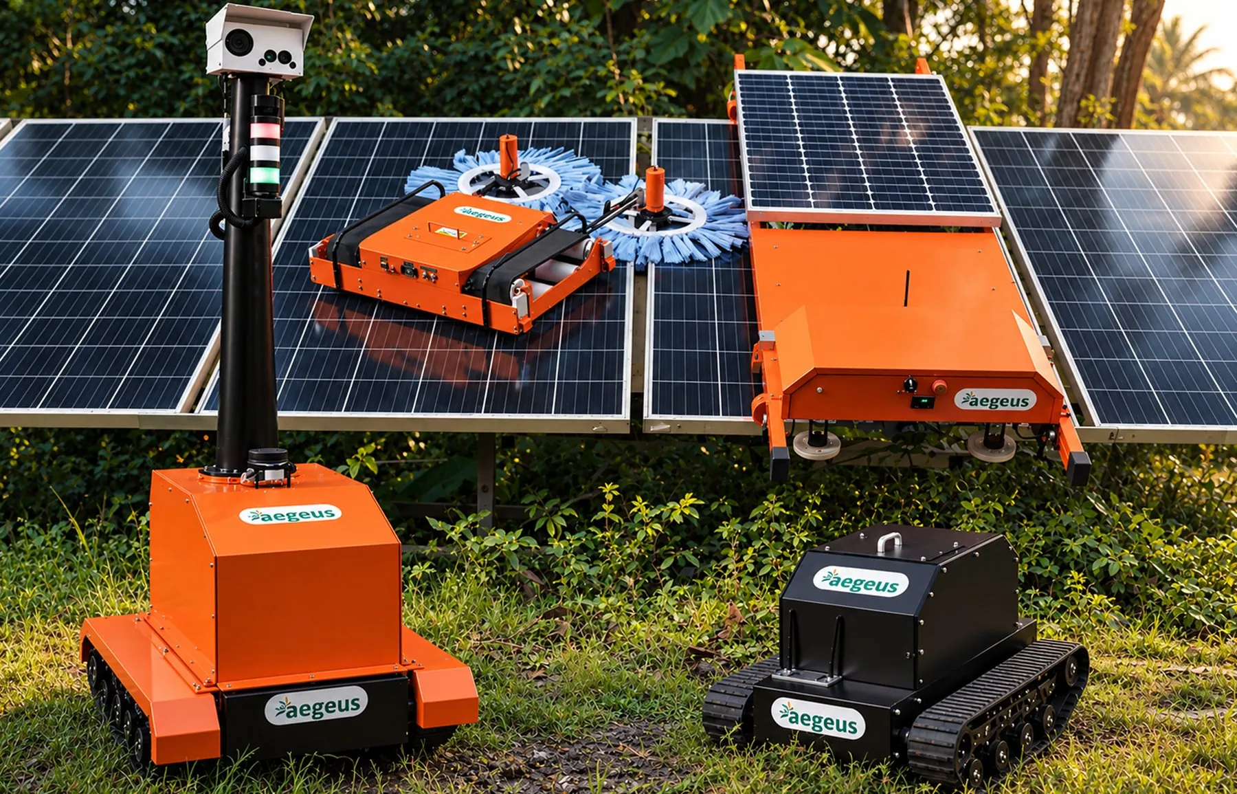 Aegeus robots at a solar plant: security robot with camera mast, panel-cleaning robots on the modules and a tracked ground vehicle