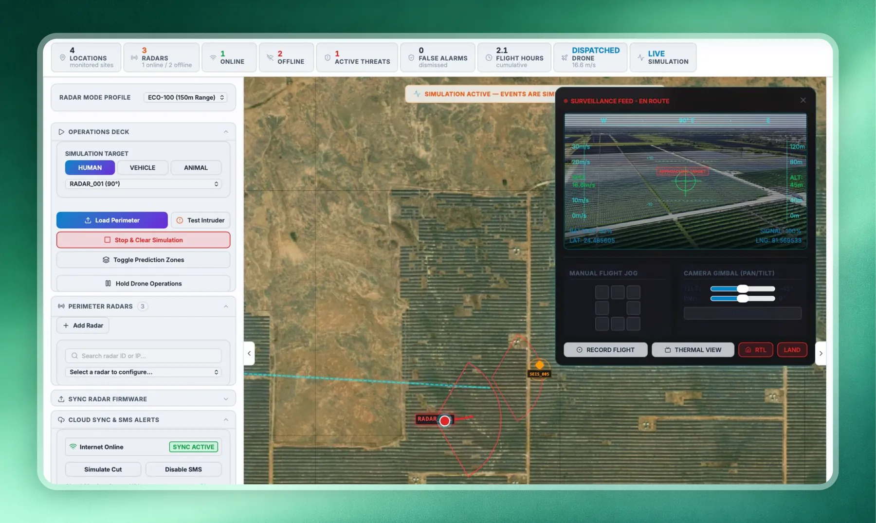 Aegeus security dashboard with radar perimeter map and drone surveillance feed