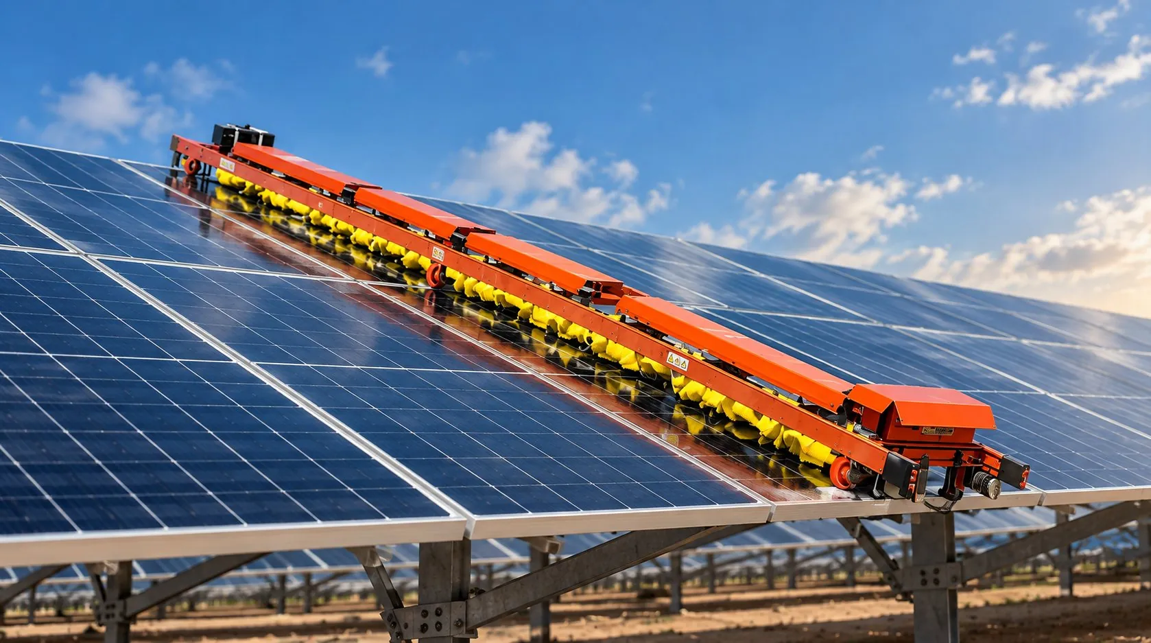 Unicorn waterless cleaning robot travelling along a row of solar panels